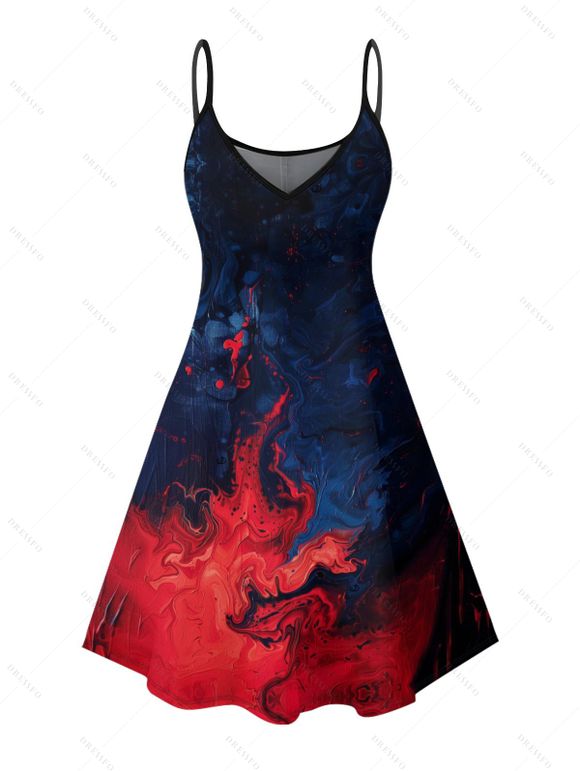 Robe gothique imprimée de couleur contrastée à bretelles spaghetti et col en V, mini robe de vacances trapèze - Rouge foncé XXXXXL | US 20