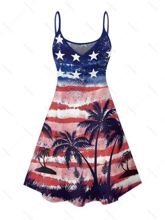 Robe de fête de l'indépendance à motif d'étoiles et de cocotiers, avec éléments du drapeau américain, bretelles spaghetti, col en V, coupe trapèze, mini-robe débardeur patriotique - multicolor XXXXXL | US 20