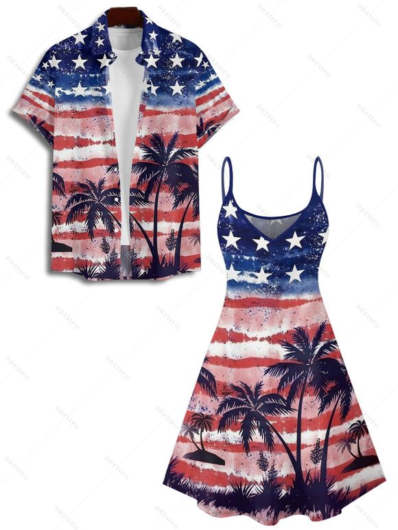 Independence Day Couple Outfit Coconut Tree Star Striped Pattern Spaghetti Strap Tank Dress and Button Up Shirt Patriotic Matching Outfit - multicolor S | US 4