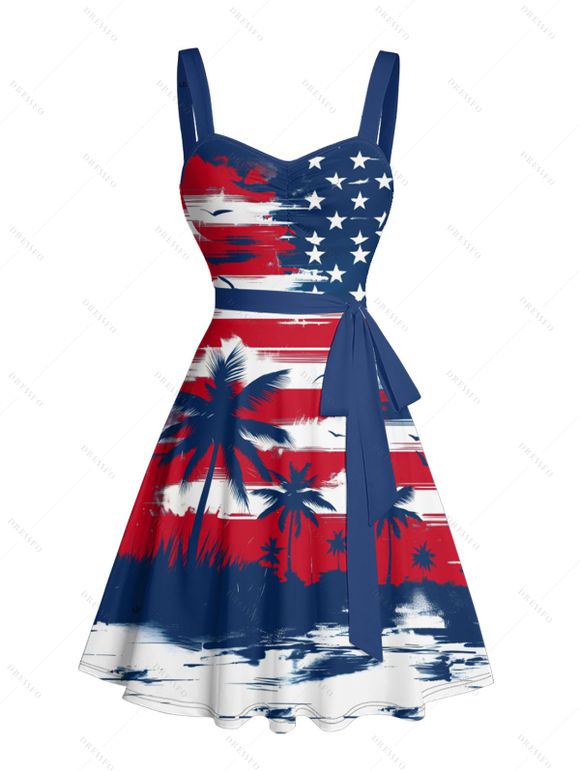 Robe de fête de l'indépendance à motif rayé étoilé et cocotier, buste froncé, ceinture, col en cœur, éléments du drapeau américain, robe trapèze mini patriotique - multicolor M | US 6