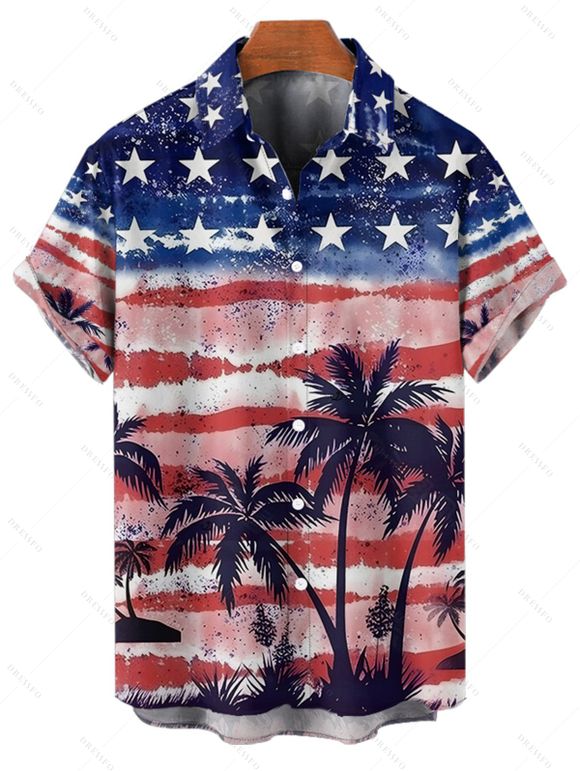 Chemise homme motif cocotier, étoiles, rayures, drapeau américain, boutonnée, retroussée, manches courtes, patriotique - multicolor 5XL