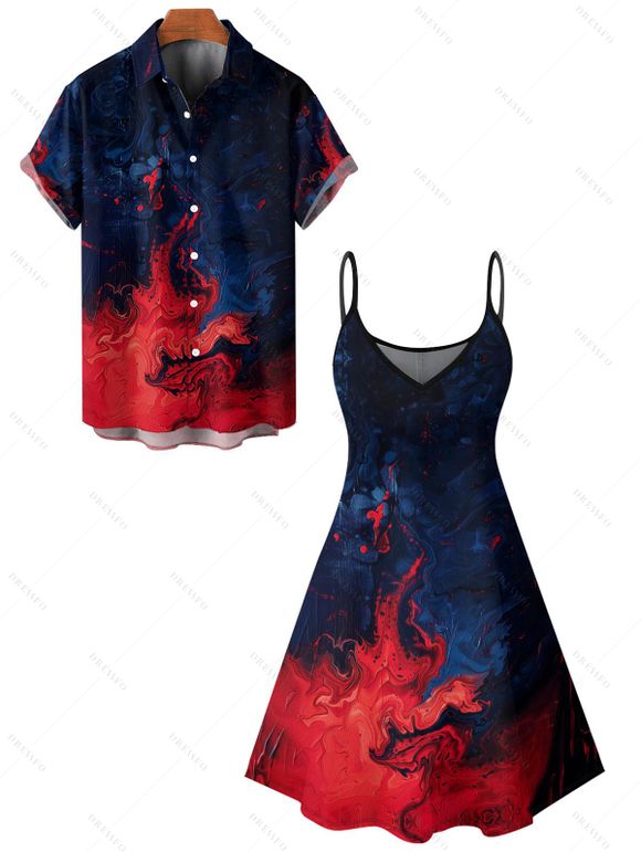 Gothic Couple Outfit Contrast Color Printed Spaghetti Strap V Neck A Line Mini Tank Dress and Button Up Shirt Vacation Matching Outfit - Rouge foncé S | US 4