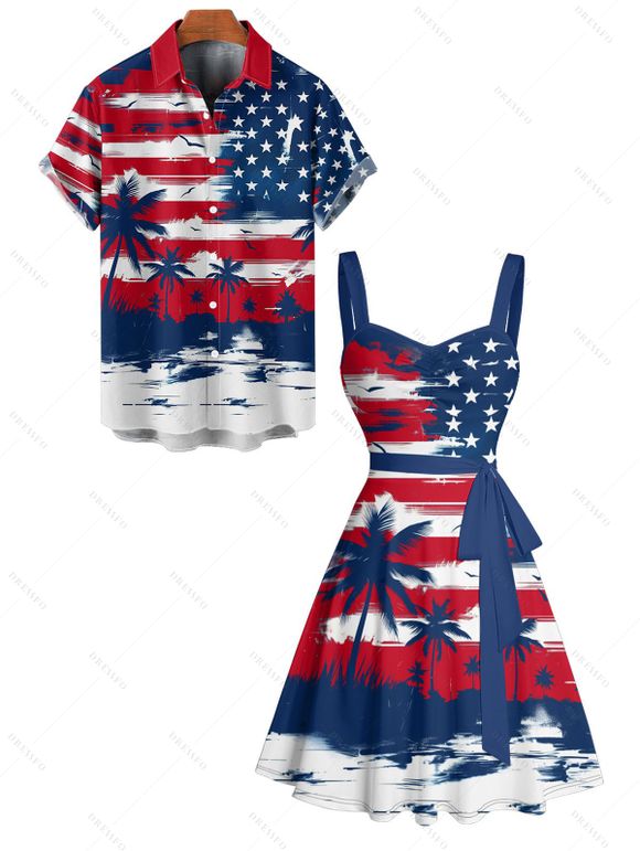 Independence Day Couple Outfit Star Striped Pattern Coconut Tree Ruched Bust Belt Dress and Button Up Shirt Patriotic Matching Outfit - multicolor S | US 4