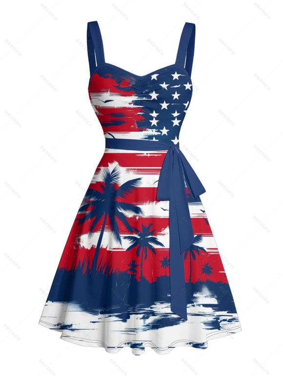 Independence Day Couple Outfit Star Striped Pattern Coconut Tree Ruched Bust Belt Dress and Button Up Shirt Patriotic Matching Outfit - multicolor S | US 4