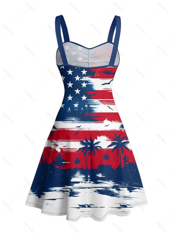 Independence Day Couple Outfit Star Striped Pattern Coconut Tree Ruched Bust Belt Dress and Button Up Shirt Patriotic Matching Outfit - multicolor S | US 4