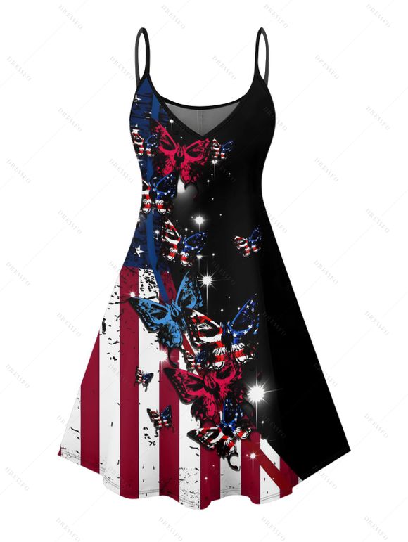 Robe de fête de l'indépendance à motif papillon, étoiles, rayures, éléments du drapeau américain, bretelles spaghetti, col en V, coupe trapèze, mini-robe débardeur patriotique - Noir XXXXXL | US 20