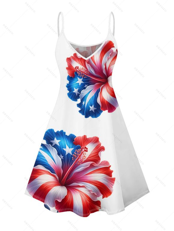 Robe de fête de l'indépendance à motif de fleurs d'hibiscus et d'étoiles, motif à rayures, éléments du drapeau américain, bretelles spaghetti, col en V, ligne A, mini-robe débardeur patrio - Blanc XXXXXL | US 20