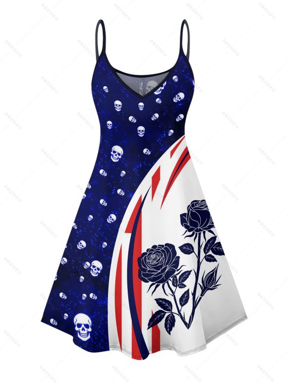 Robe gothique à motif de crânes roses contrastés et bretelles spaghetti, col en V, coupe trapèze, mini-robe débardeur - Bleu profond XXXXXL | US 20