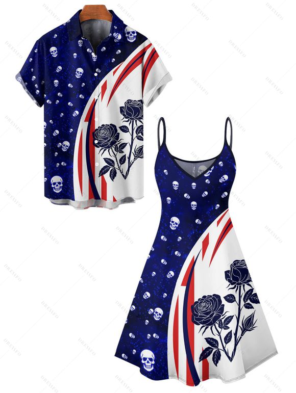 Gothic Couple Outfit Contrast Colorblock Rose Skulls Pattern Spaghetti Strap Tank Dress and Button Up Shirt Matching Outfit - Bleu profond S | US 4