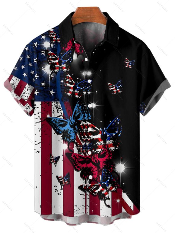 Chemise homme à rayures et étoiles papillon, motif patriotique, motif drapeau américain, boutonnée, retroussée, manches courtes - Noir 5XL