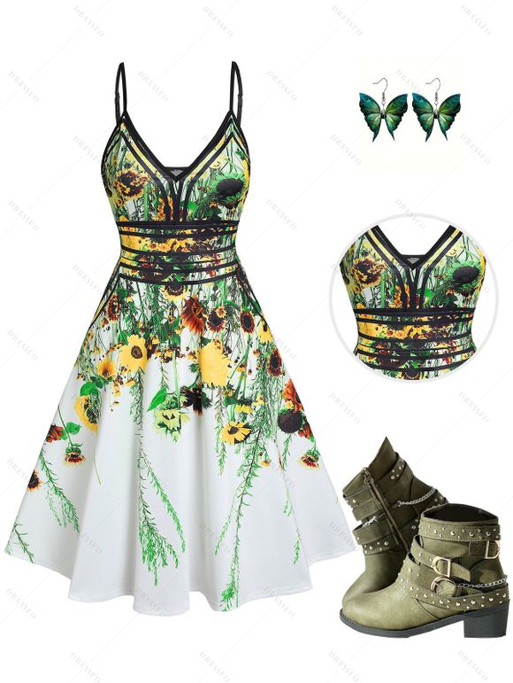 Vacation Women Outfit Floral Leaf Printed Flare A Line Slip Dress and Butterfly Earrings Rivet Buckle Strap Boots Casual Outfit - Vert clair S | US 4