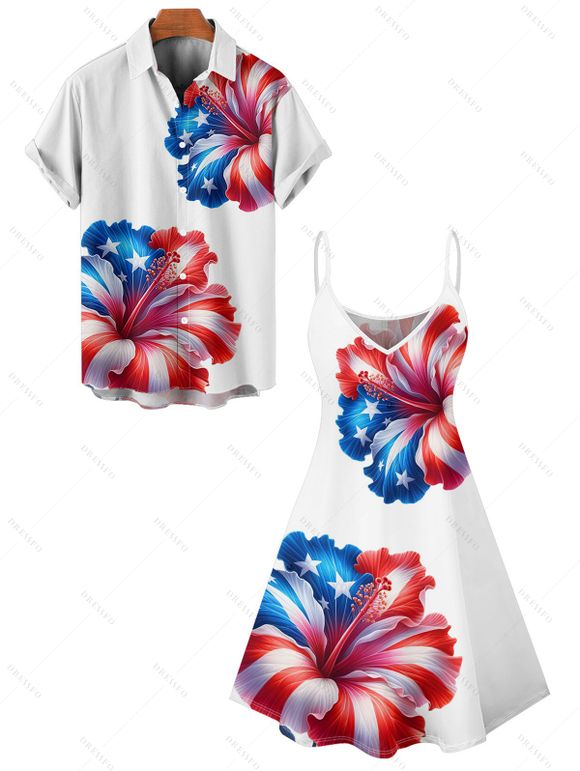 Independence Day Couple Outfit Hibiscus Flower Star Striped Pattern Spaghetti Strap Tank Dress and Button Up Shirt Patriotic Matching Outfit - Blanc S | US 4