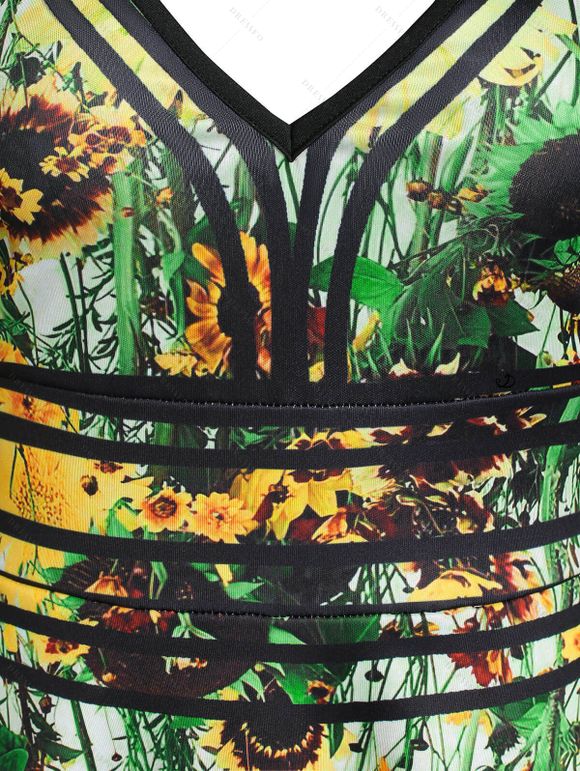 Vacation Women Outfit Floral Leaf Printed Flare A Line Slip Dress and Butterfly Earrings Rivet Buckle Strap Boots Casual Outfit - Vert clair S | US 4