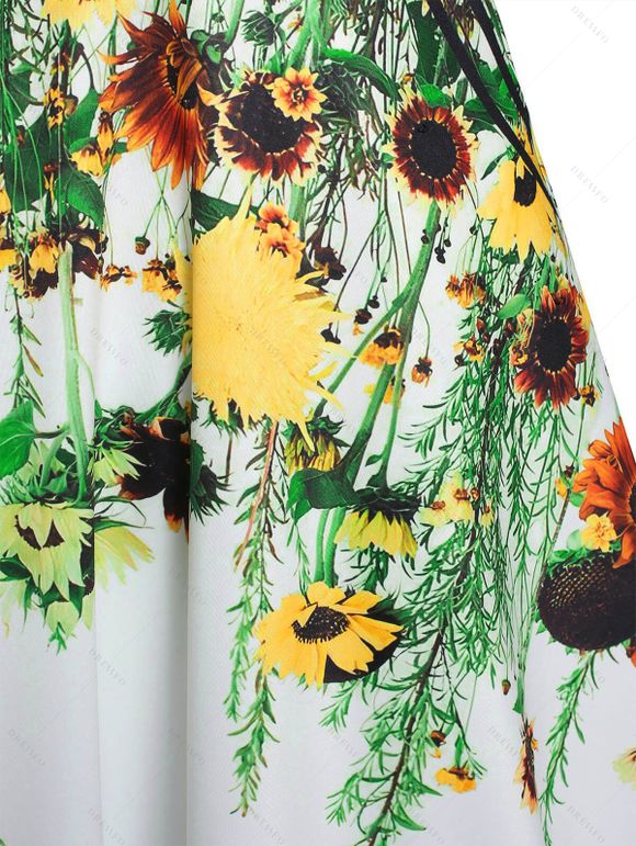 Vacation Women Outfit Floral Leaf Printed Flare A Line Slip Dress and Butterfly Earrings Rivet Buckle Strap Boots Casual Outfit - Vert clair S | US 4