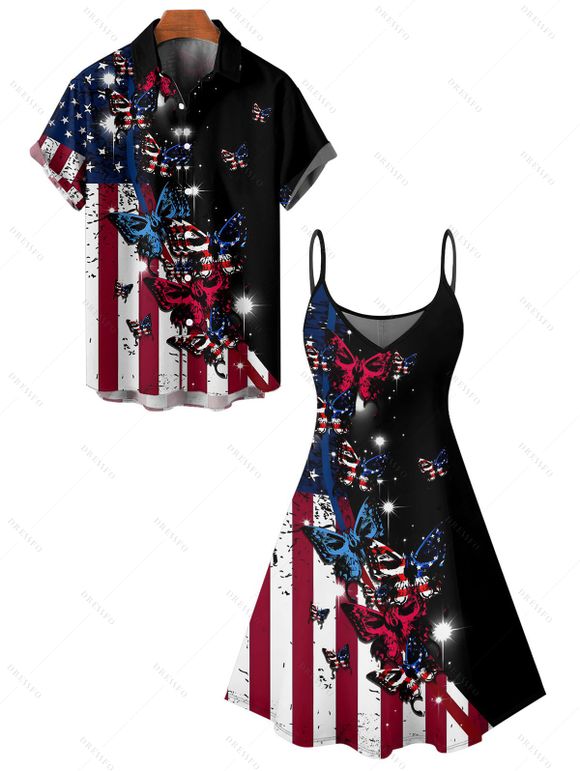 Independence Day Couple Outfit Butterfly Star Striped Pattern Spaghetti Strap Tank Dress and Button Up Shirt Patriotic Matching Outfit - Noir S | US 4