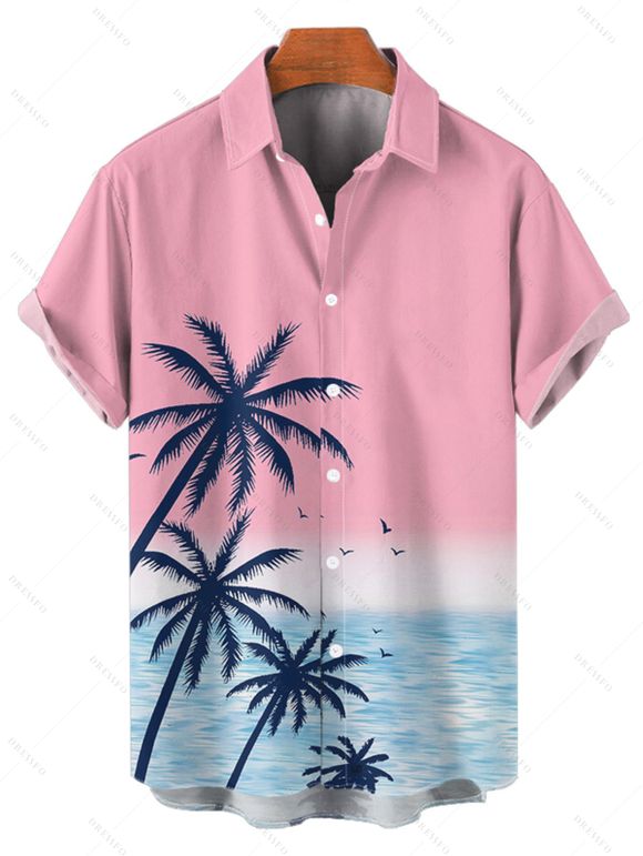 Chemise de vacances à manches courtes et boutons pour homme, motif palmiers et mer, style ombré, à revers, pour la plage - Rose clair 5XL