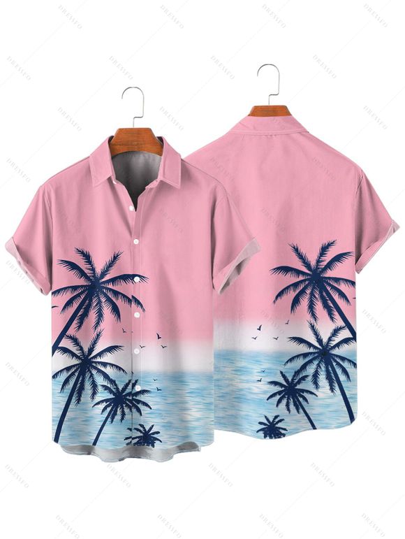 Chemise de vacances à manches courtes et boutons pour homme, motif palmiers et mer, style ombré, à revers, pour la plage - Rose clair 3XL
