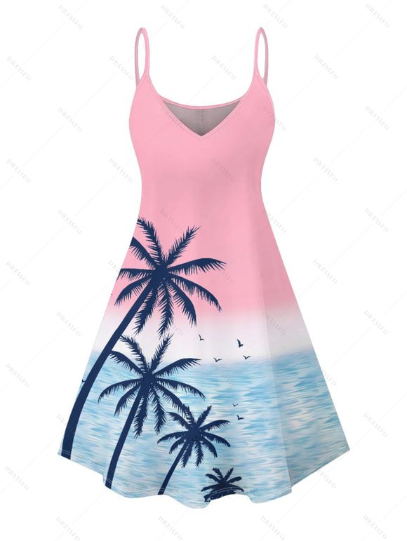 Robe de vacances ombrée à motif palmier et mer, bretelles spaghetti, col en V, mini-robe débardeur trapèze - Rose clair XXXXL | US 18