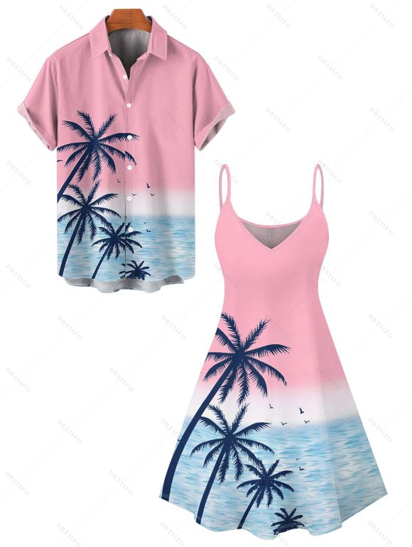 Vacation Couple Outfit Palm Tree Sea Pattern Ombre Spaghetti Strap V Neck A Line Mini Tank Dress and Roll Up Sleeve Shirt Beach Two Piece Set - LIGHT PINK S | US 4