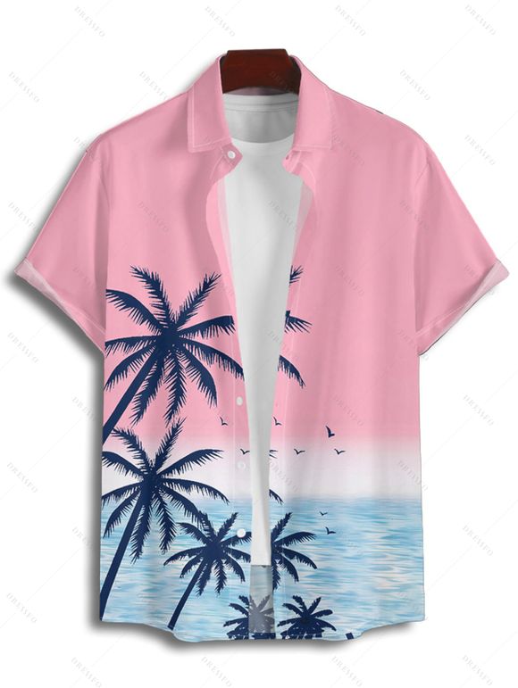 Vacation Couple Outfit Palm Tree Sea Pattern Ombre Spaghetti Strap V Neck A Line Mini Tank Dress and Roll Up Sleeve Shirt Beach Two Piece Set - Rose clair S | US 4