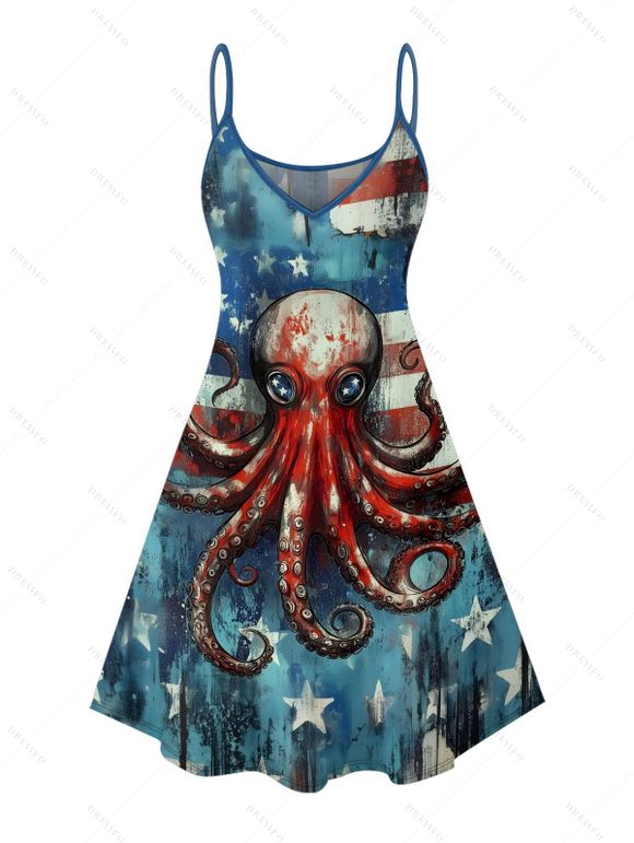 Robe de fête de l'indépendance à rayures étoiles poulpe, éléments du drapeau américain, bretelles spaghetti, col en V, coupe trapèze, mini-robe débardeur patriotique - Bleu XXXXXL | US 20