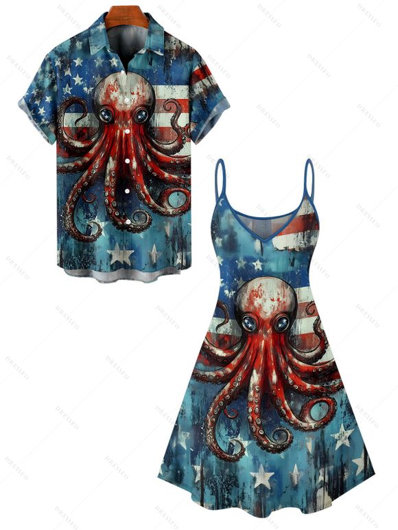 Independence Day Couple Outfit Octopus Star Striped Pattern Spaghetti Strap Tank Dress and Button Up Shirt Patriotic Matching Outfit - Bleu S | US 4