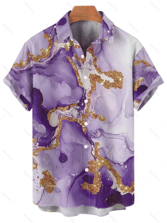 Chemise de vacances à imprimé marbré ombré pour homme, chemise décontractée à manches courtes et boutons retroussables - Violet clair 5XL