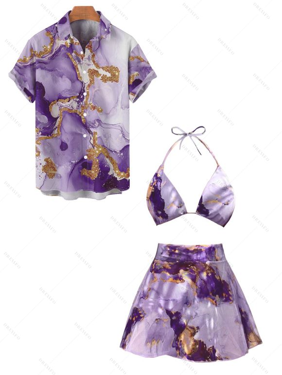 Vacation Couple Outfit Ombre Marble Printed Halter Bra High Cut Briefs Pleated Skirt Three Piece Bikini Swimsuit and Button Up Shirt Beach Matching Outfit - Violet clair S | US 4