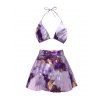 Maillot de bain bikini de vacances, imprimé marbre ombré, soutien-gorge licou et slip taille haute, jupe plissée, maillot de bain de plage trois pièces - Violet clair XL | US 10