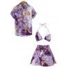 Vacation Couple Outfit Ombre Marble Printed Halter Bra High Cut Briefs Pleated Skirt Three Piece Bikini Swimsuit and Button Up Shirt Beach Matching Outfit - Violet clair S | US 4