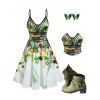 Vacation Women Outfit Floral Leaf Printed Flare A Line Slip Dress and Butterfly Earrings Rivet Buckle Strap Boots Casual Outfit - Vert clair S | US 4