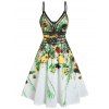 Vacation Women Outfit Floral Leaf Printed Flare A Line Slip Dress and Butterfly Earrings Rivet Buckle Strap Boots Casual Outfit - Vert clair S | US 4