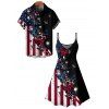 Independence Day Couple Outfit Butterfly Star Striped Pattern Spaghetti Strap Tank Dress and Button Up Shirt Patriotic Matching Outfit - Noir S | US 4