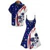 Gothic Couple Outfit Contrast Colorblock Rose Skulls Pattern Spaghetti Strap Tank Dress and Button Up Shirt Matching Outfit - Bleu profond S | US 4