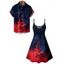 Gothic Couple Outfit Contrast Color Printed Spaghetti Strap V Neck A Line Mini Tank Dress and Button Up Shirt Vacation Matching Outfit - Rouge foncé S | US 4