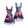 Independence Day Couple Outfit Star Striped Pattern Coconut Tree Ruched Bust Belt Dress and Button Up Shirt Patriotic Matching Outfit - multicolor S | US 4