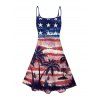 Independence Day Couple Outfit Coconut Tree Star Striped Pattern Spaghetti Strap Tank Dress and Button Up Shirt Patriotic Matching Outfit - multicolor S | US 4
