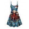 Robe de fête de l'indépendance à rayures étoiles poulpe, éléments du drapeau américain, bretelles spaghetti, col en V, coupe trapèze, mini-robe débardeur patriotique - Bleu XXXXXL | US 20