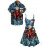 Independence Day Couple Outfit Octopus Star Striped Pattern Spaghetti Strap Tank Dress and Button Up Shirt Patriotic Matching Outfit - Bleu S | US 4