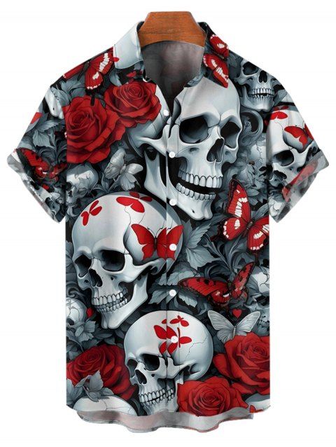 Chemise gothique à manches courtes et boutons pour homme, motif tête de mort, rose et papillon, style vacances