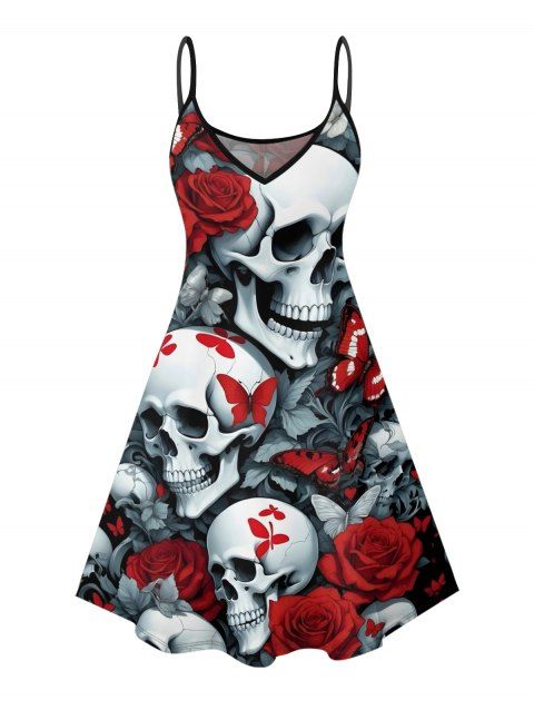 Robe gothique à motif tête de mort, rose et papillon, bretelles spaghetti, col en V, coupe trapèze, mini-robe de vacances