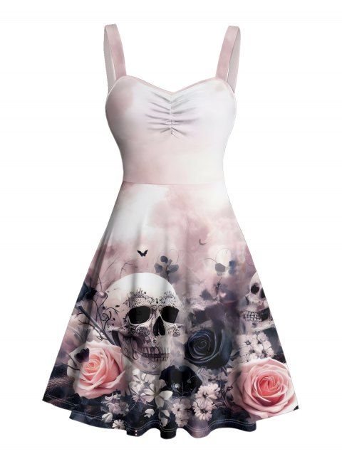 Robe gothique à motif floral et tête de mort, buste froncé, ceinture, décolleté en cœur, mini robe de vacances trapèze