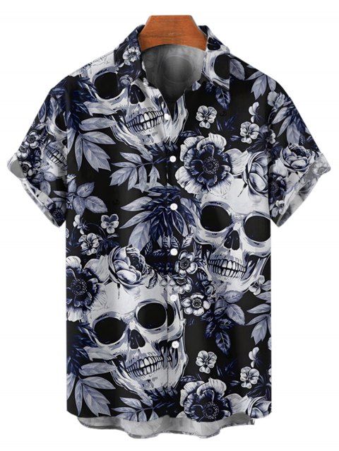 Chemise gothique à manches courtes et boutons pour homme, motif tête de mort, rose et feuilles, style vacances