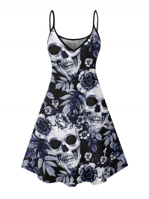 Robe gothique à motif tête de mort, rose et feuilles, bretelles spaghetti, col en V, coupe trapèze, mini-robe de vacances