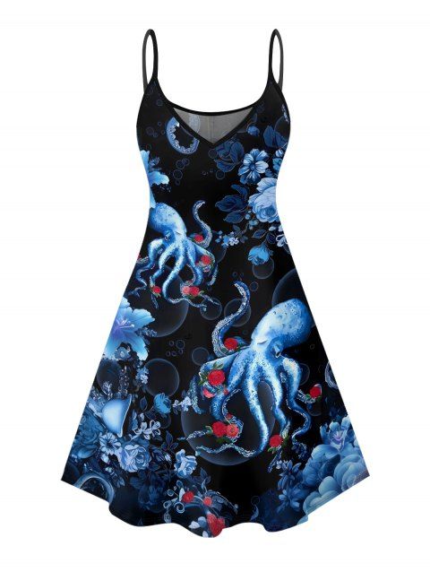 Robe de vacances à motif de fleurs de poulpe et de vie marine, bretelles spaghetti, col en V, coupe trapèze, mini-robe de plage