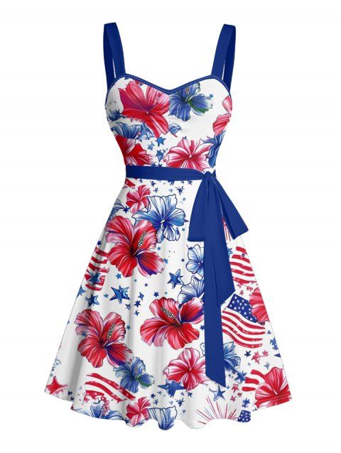 Robe de fête de l'indépendance à motif floral et étoiles, avec ceinture et buste froncé, col en cœur, coupe trapèze, mini-robe patriotique