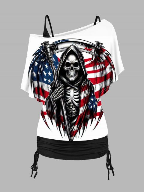 Ensemble haut du jour de l'indépendance, motif tête de mort, étoiles, rayures, t-shirt à col incliné et débardeur cintré de couleur unie, ensemble patriotique