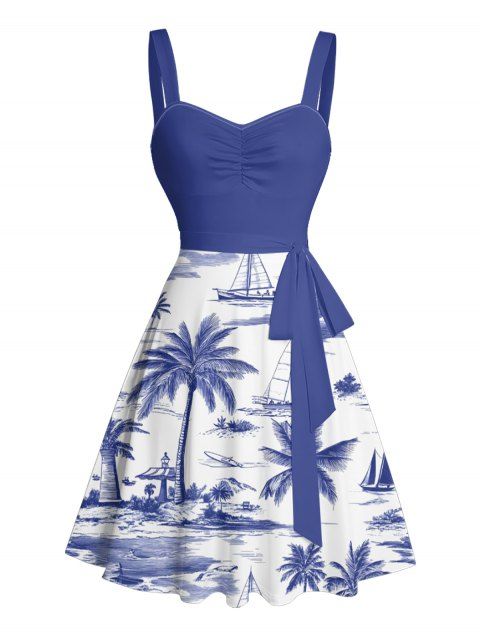 Robe de vacances à motif de voilier en cocotier, buste froncé, ceinture, col en cœur, robe trapèze mini décontractée