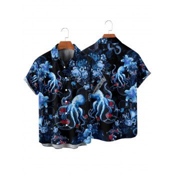 Men's Octopus Flower Marine Life Pattern Vacation Shirt Button Up Roll Up Short Sleeve Beach Shirt