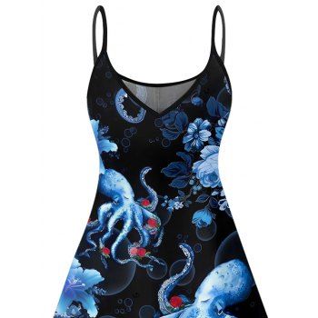 Octopus Flower Marine Life Pattern Vacation Dress Spaghetti Strap V Neck A Line Mini Beach Tank Dress